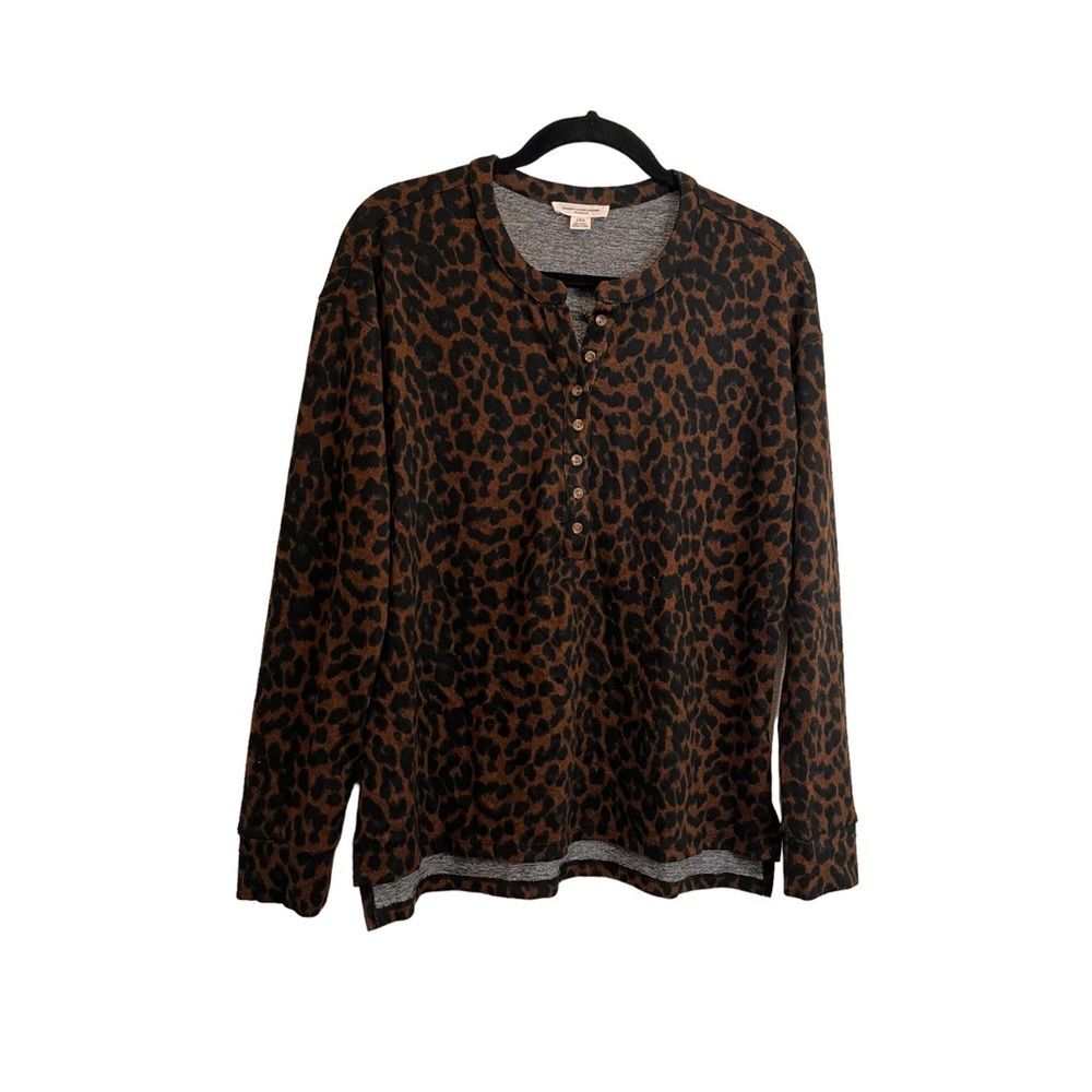 Beach Lunch Lounge Cheetah Leopard Animal Print Long Sleeve Popover Top Blouse L